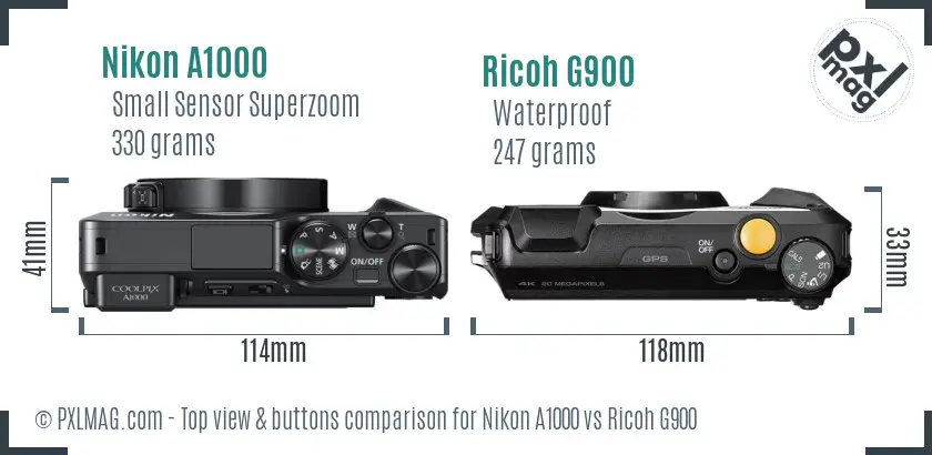 Nikon A1000 vs Ricoh G900 top view buttons comparison