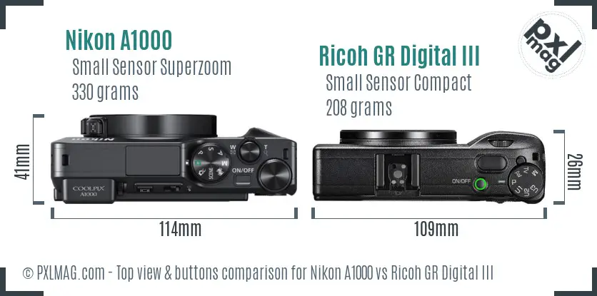 Nikon A1000 vs Ricoh GR Digital III top view buttons comparison Nikon A1000 vs Ricoh GR Digital III top view buttons comparison