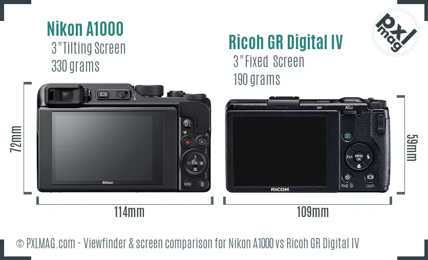 Nikon A1000 vs Ricoh GR Digital IV Screen and Viewfinder comparison