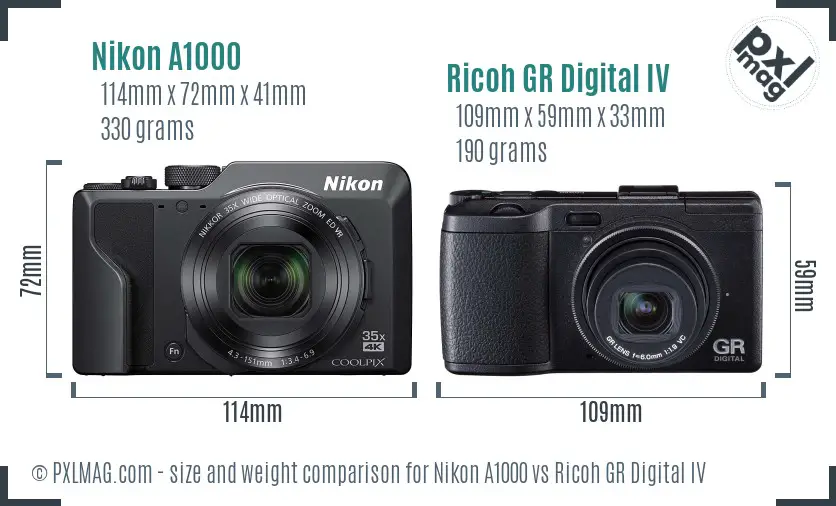 Nikon A1000 vs Ricoh GR Digital IV size comparison