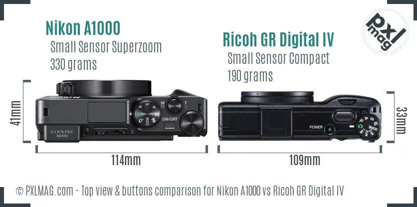Nikon A1000 vs Ricoh GR Digital IV top view buttons comparison