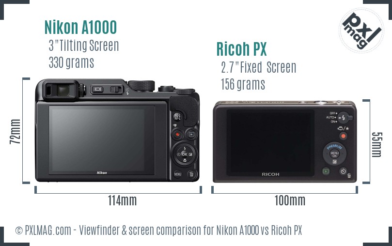 Nikon A1000 vs Ricoh PX Screen and Viewfinder comparison