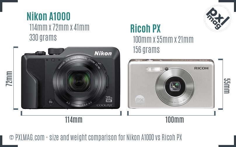 Nikon A1000 vs Ricoh PX size comparison