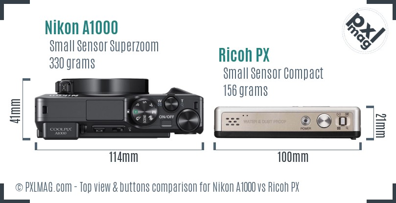 Nikon A1000 vs Ricoh PX top view buttons comparison