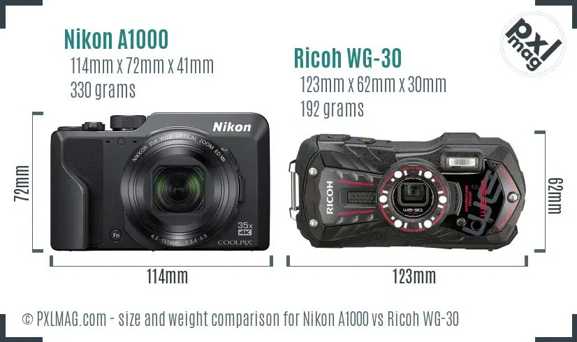 Nikon A1000 vs Ricoh WG-30 size comparison