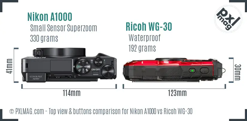 Nikon A1000 vs Ricoh WG-30 top view buttons comparison