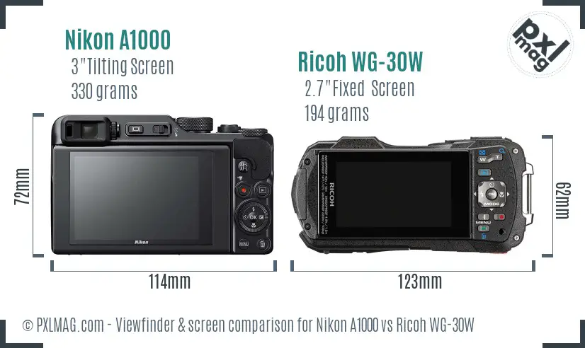 Nikon A1000 vs Ricoh WG-30W Screen and Viewfinder comparison