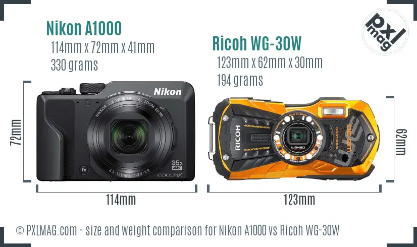 Nikon A1000 vs Ricoh WG-30W size comparison
