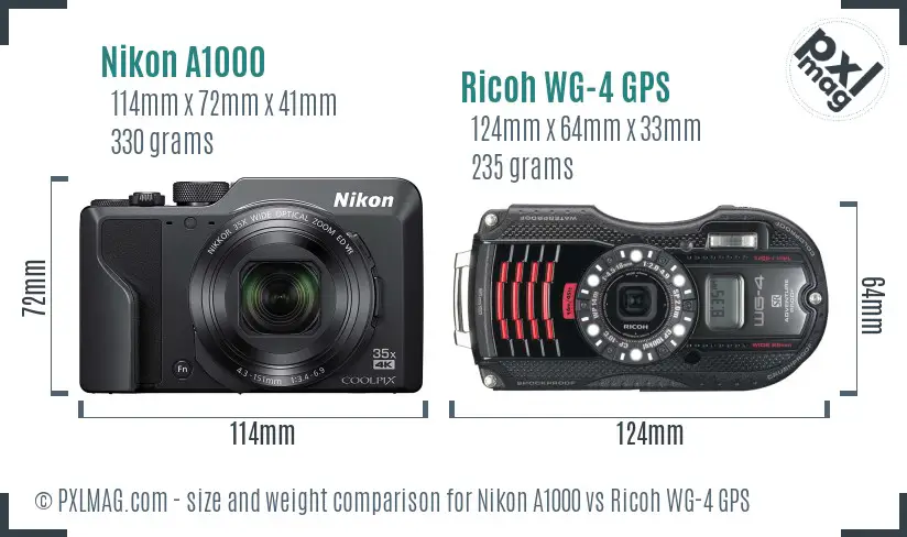 Nikon A1000 vs Ricoh WG-4 GPS size comparison Nikon A1000 vs Ricoh WG-4 GPS size comparison