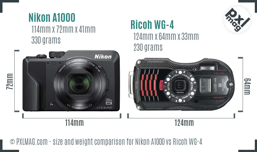 Nikon A1000 vs Ricoh WG-4 size comparison