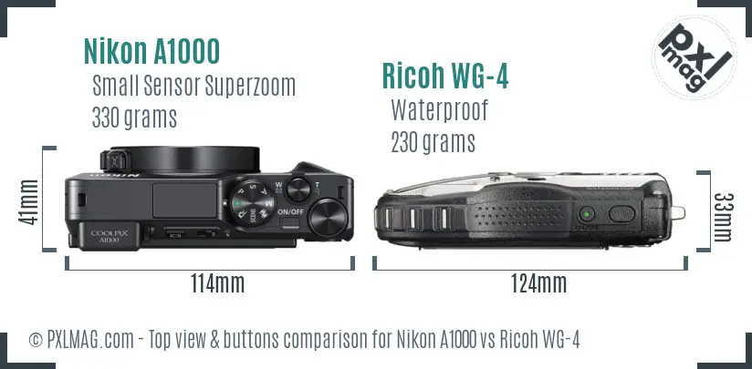 Nikon A1000 vs Ricoh WG-4 top view buttons comparison