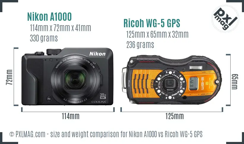 Nikon A1000 vs Ricoh WG-5 GPS size comparison