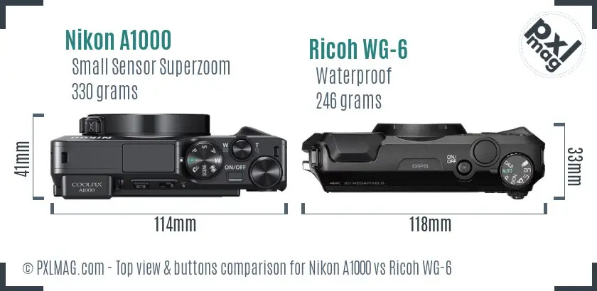 Nikon A1000 vs Ricoh WG-6 top view buttons comparison Nikon A1000 vs Ricoh WG-6 top view buttons comparison