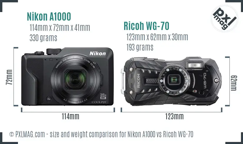 Nikon A1000 vs Ricoh WG-70 size comparison
