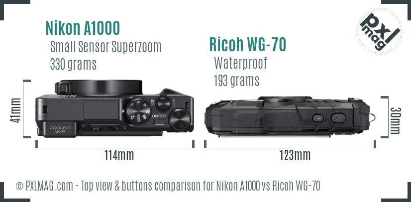 Nikon A1000 vs Ricoh WG-70 top view buttons comparison
