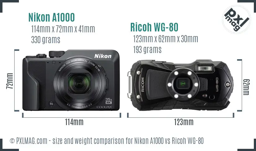 Nikon A1000 vs Ricoh WG-80 size comparison Nikon A1000 vs Ricoh WG-80 size comparison