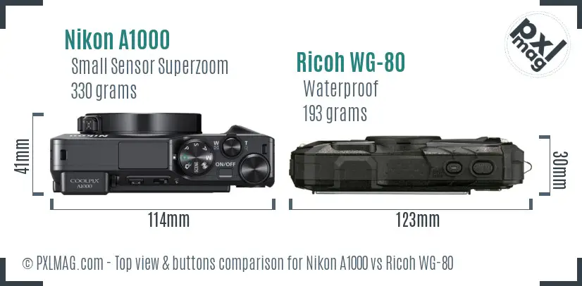 Nikon A1000 vs Ricoh WG-80 top view buttons comparison Nikon A1000 vs Ricoh WG-80 top view buttons comparison
