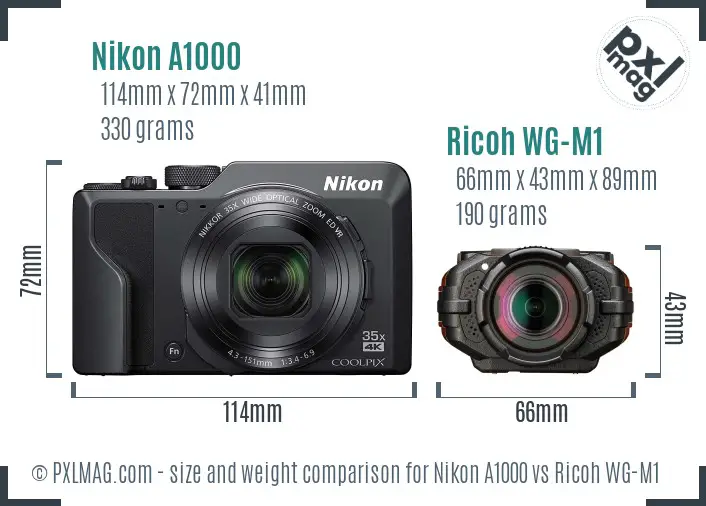 Nikon A1000 vs Ricoh WG-M1 size comparison