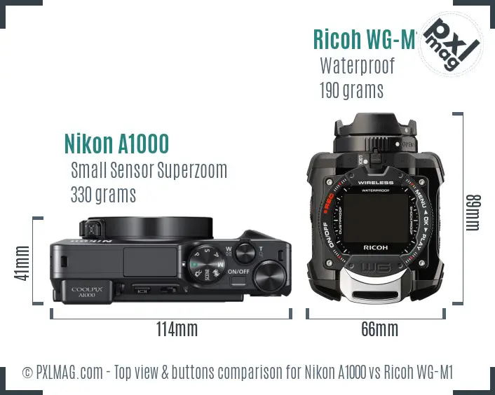 Nikon A1000 vs Ricoh WG-M1 top view buttons comparison