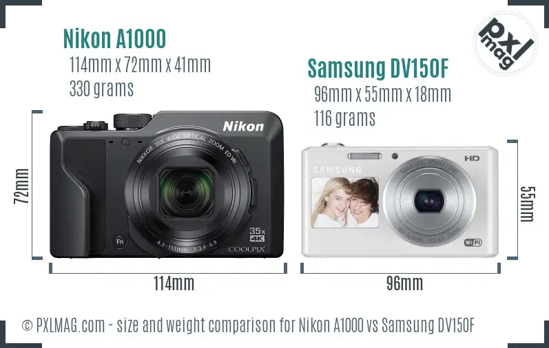 Nikon A1000 vs Samsung DV150F size comparison