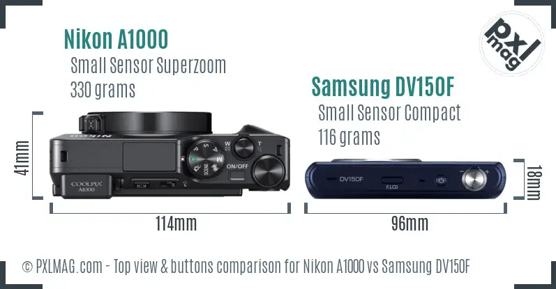 Nikon A1000 vs Samsung DV150F top view buttons comparison