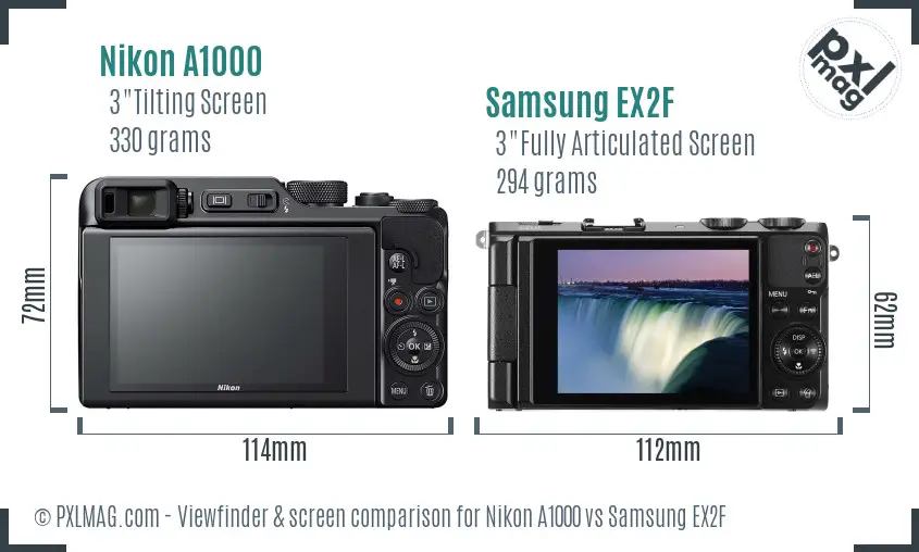Nikon A1000 vs Samsung EX2F Screen and Viewfinder comparison