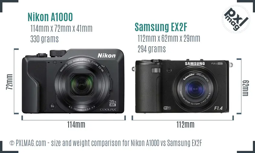 Nikon A1000 vs Samsung EX2F size comparison