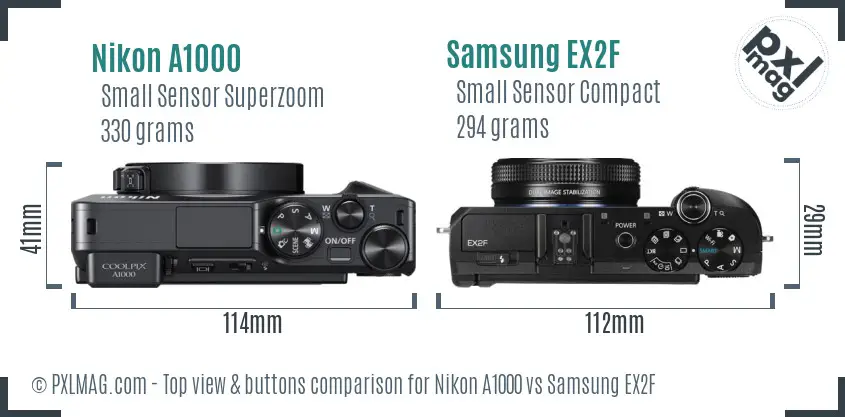 Nikon A1000 vs Samsung EX2F top view buttons comparison