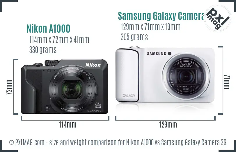Nikon A1000 vs Samsung Galaxy Camera 3G size comparison