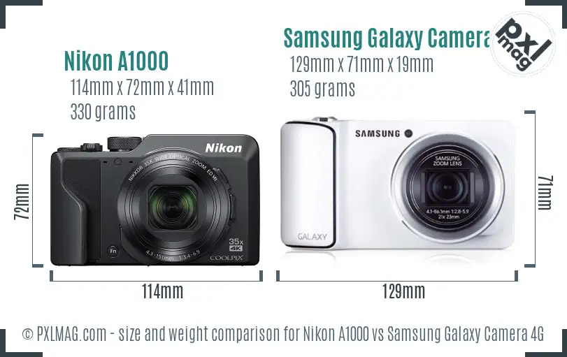 Nikon A1000 vs Samsung Galaxy Camera 4G size comparison
