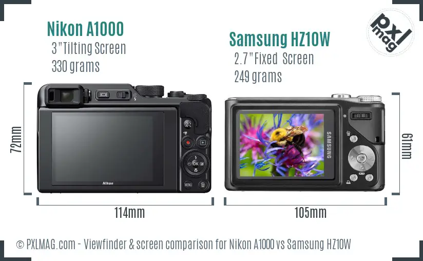 Nikon A1000 vs Samsung HZ10W Screen and Viewfinder comparison