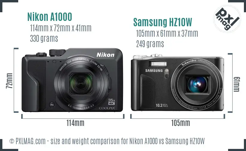 Nikon A1000 vs Samsung HZ10W size comparison