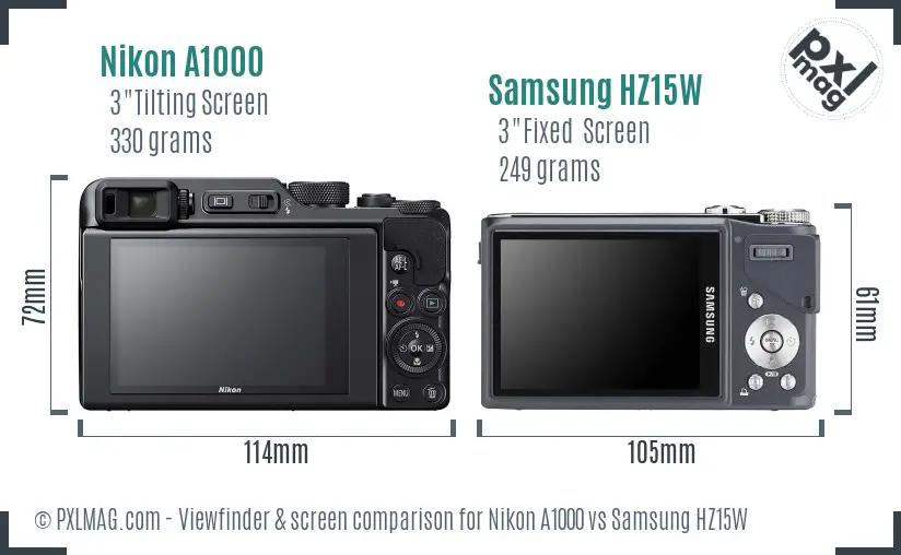 Nikon A1000 vs Samsung HZ15W Screen and Viewfinder comparison