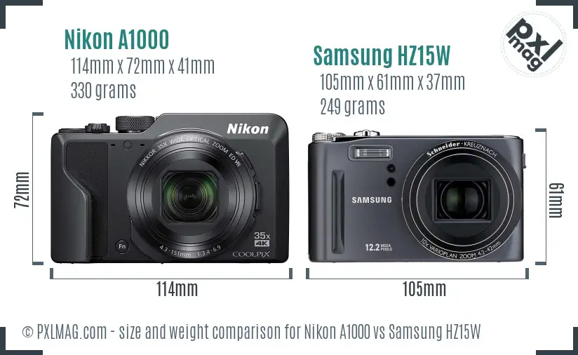 Nikon A1000 vs Samsung HZ15W size comparison