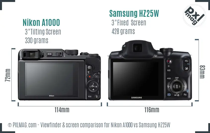 Nikon A1000 vs Samsung HZ25W Screen and Viewfinder comparison