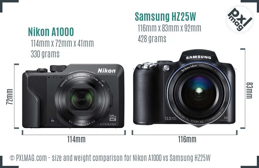 Nikon A1000 vs Samsung HZ25W size comparison