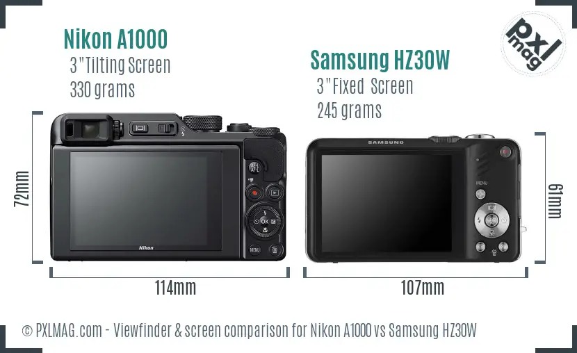Nikon A1000 vs Samsung HZ30W Screen and Viewfinder comparison