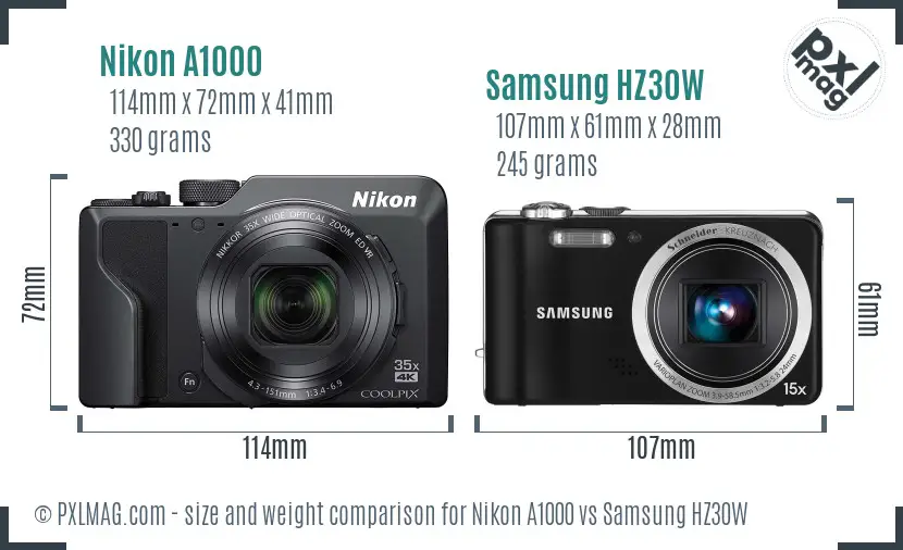Nikon A1000 vs Samsung HZ30W size comparison
