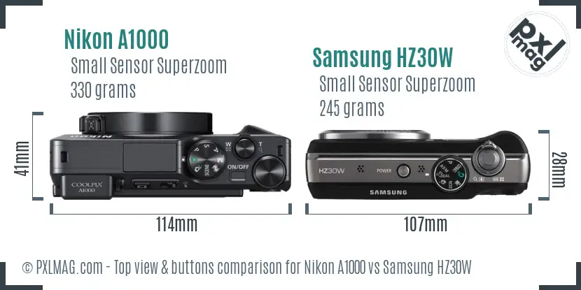 Nikon A1000 vs Samsung HZ30W top view buttons comparison