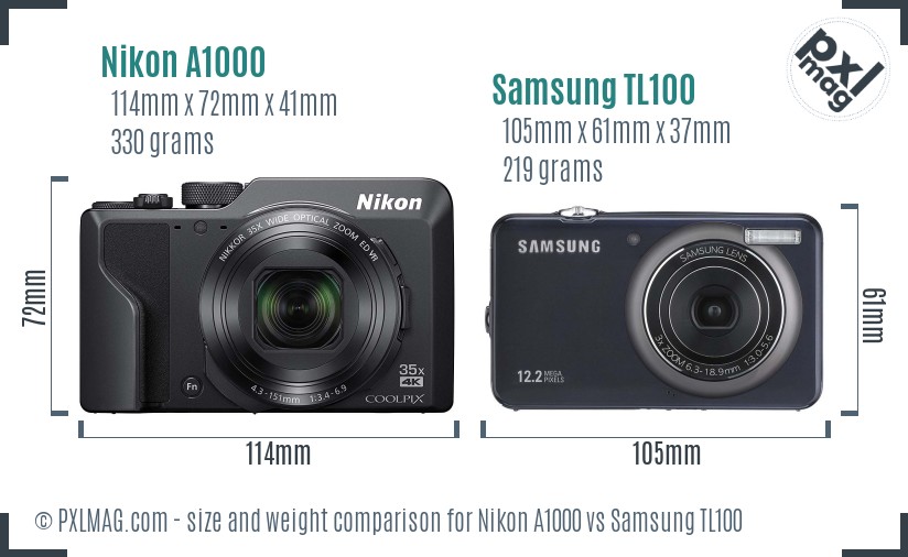Nikon A1000 vs Samsung TL100 size comparison
