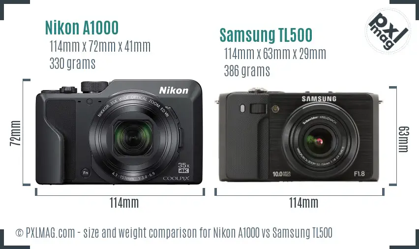 Nikon A1000 vs Samsung TL500 size comparison