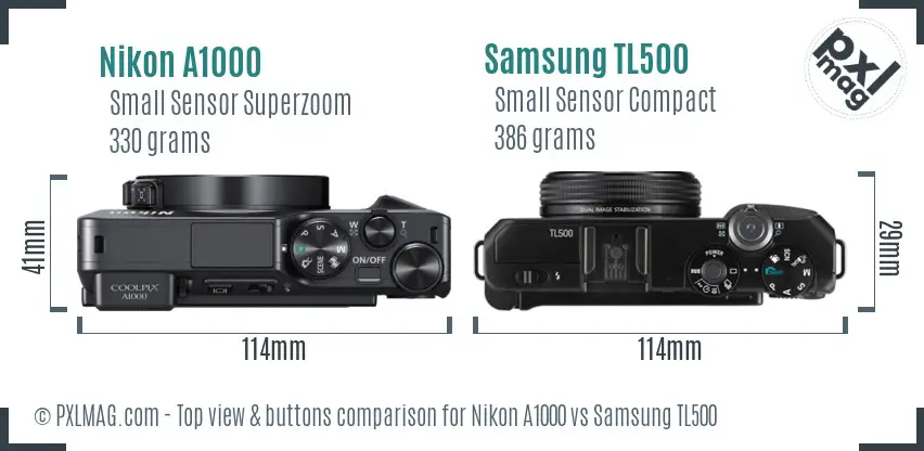 Nikon A1000 vs Samsung TL500 top view buttons comparison