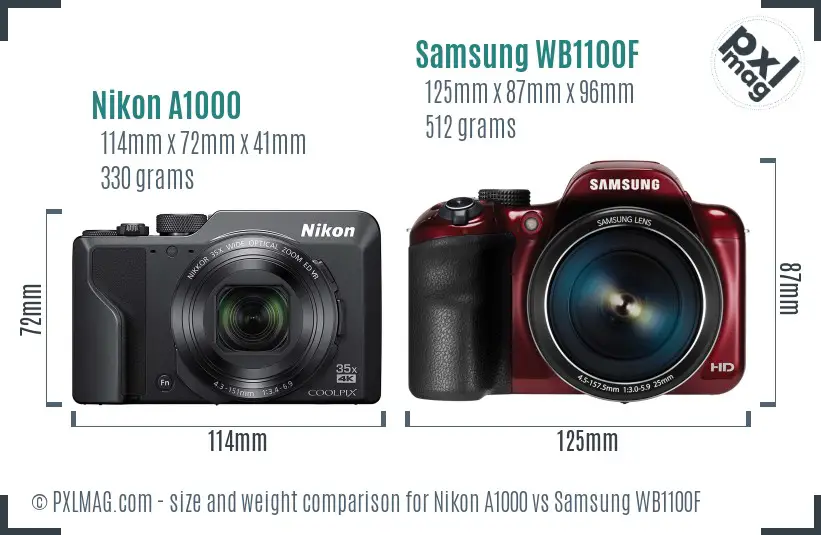 Nikon A1000 vs Samsung WB1100F size comparison