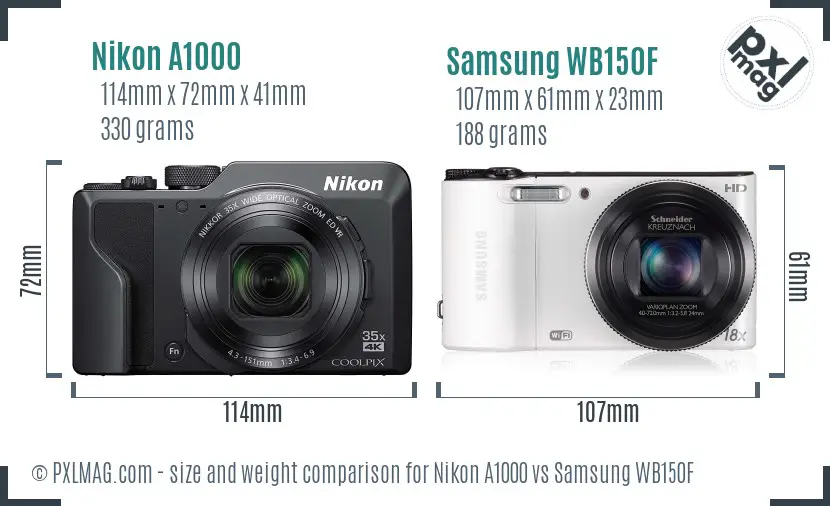 Nikon A1000 vs Samsung WB150F size comparison
