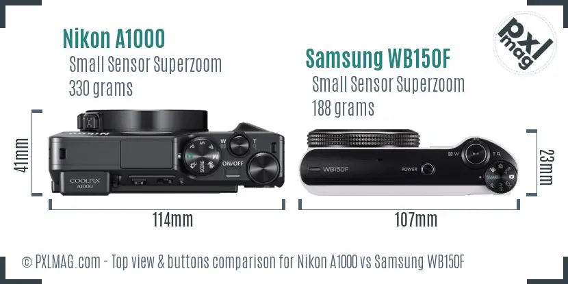 Nikon A1000 vs Samsung WB150F top view buttons comparison