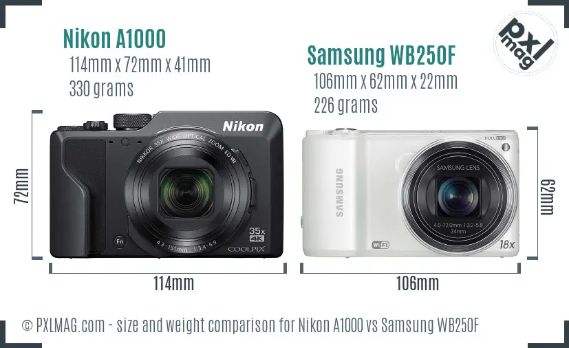 Nikon A1000 vs Samsung WB250F size comparison