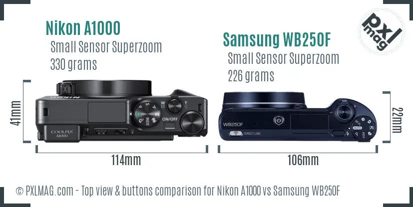 Nikon A1000 vs Samsung WB250F top view buttons comparison