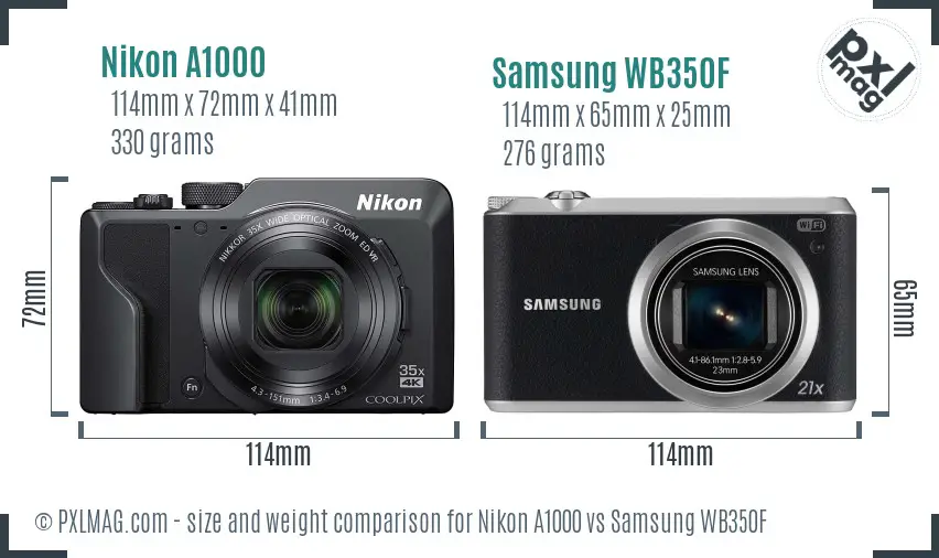 Nikon A1000 vs Samsung WB350F size comparison