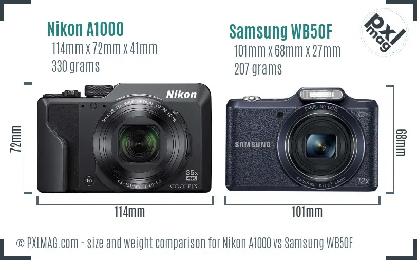 Nikon A1000 vs Samsung WB50F size comparison
