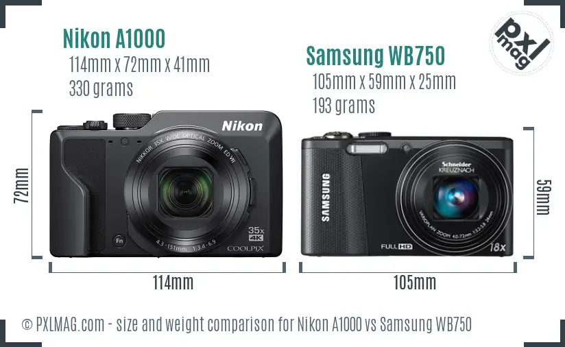 Nikon A1000 vs Samsung WB750 size comparison